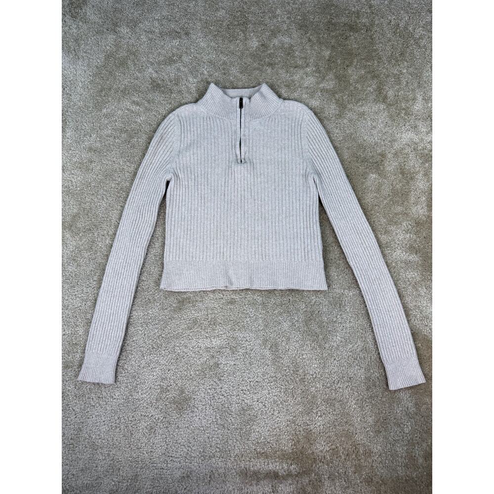 American Eagle Womens Size S Beige Ribbed 1/4 Zip Cropped Sweater B729
